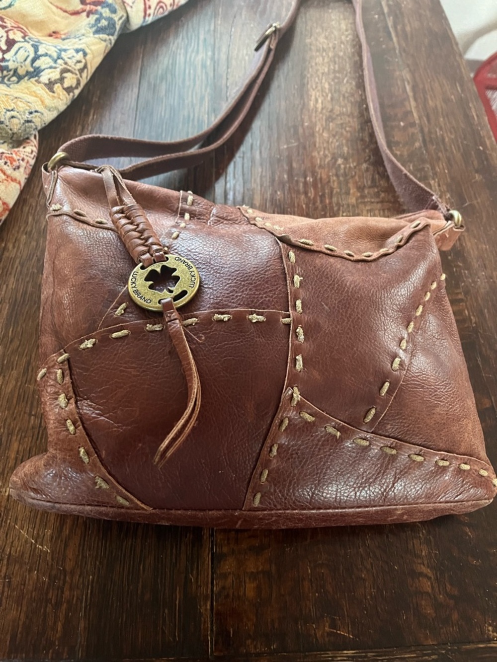 Lucky Brand Brown Patchwork Leather Crossbody with Medallion Charm
